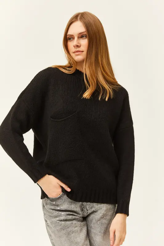 Women's Black Pocket Detailed Soft Textured Oversize Knit Sweater KZK-19000767-Black - 3