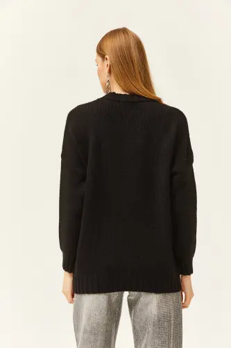 Women's Black Pocket Detailed Soft Textured Oversize Knit Sweater KZK-19000767-Black - 4