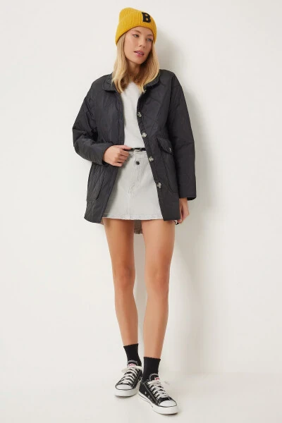 Women's Black Pocket Oversized Quilted Jacket FO00001 - HAPPINESS İSTANBUL (1)