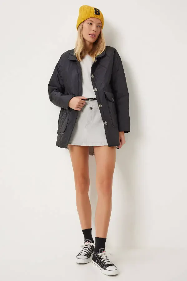 Women's Black Pocket Oversized Quilted Jacket FO00001 - 2