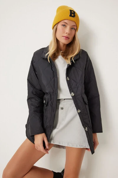Women's Black Pocket Oversized Quilted Jacket FO00001 - 3