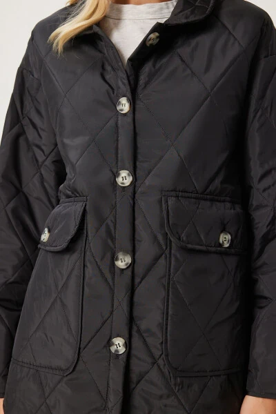 Women's Black Pocket Oversized Quilted Jacket FO00001 - 6