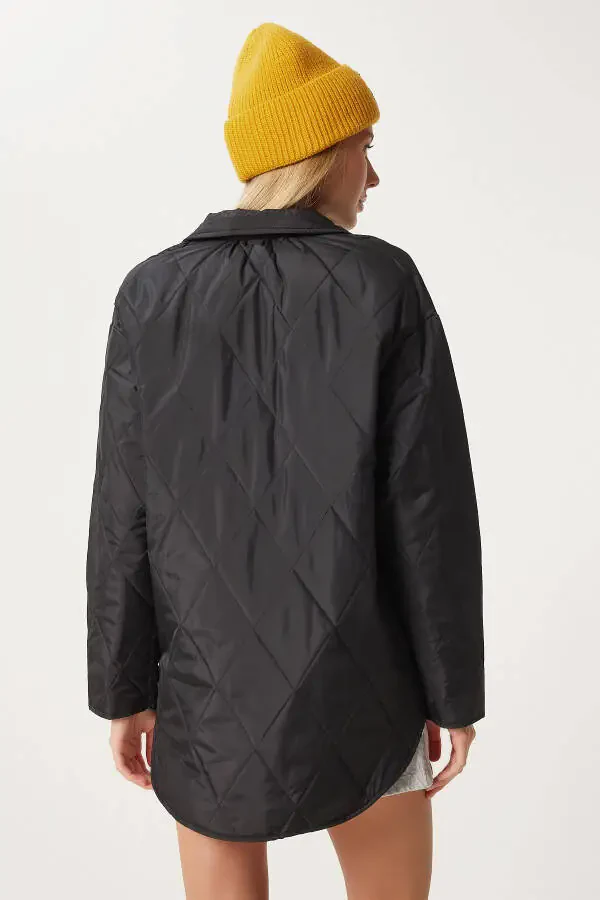 Women's Black Pocket Oversized Quilted Jacket FO00001 - 7