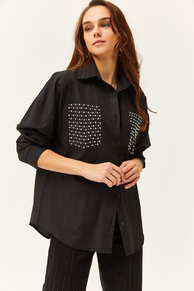 Women's Black Pocket Oversized Shirt with Staple Detail GML-19001167 - 1