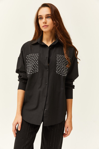 Women's Black Pocket Oversized Shirt with Staple Detail GML-19001167 - 3