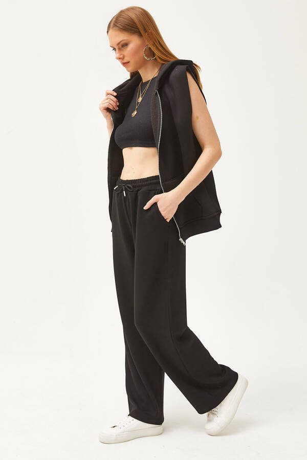 Women's Black Pocket Soft Textured Modal Palazzo Sweatpants ESH-00000068 - 1