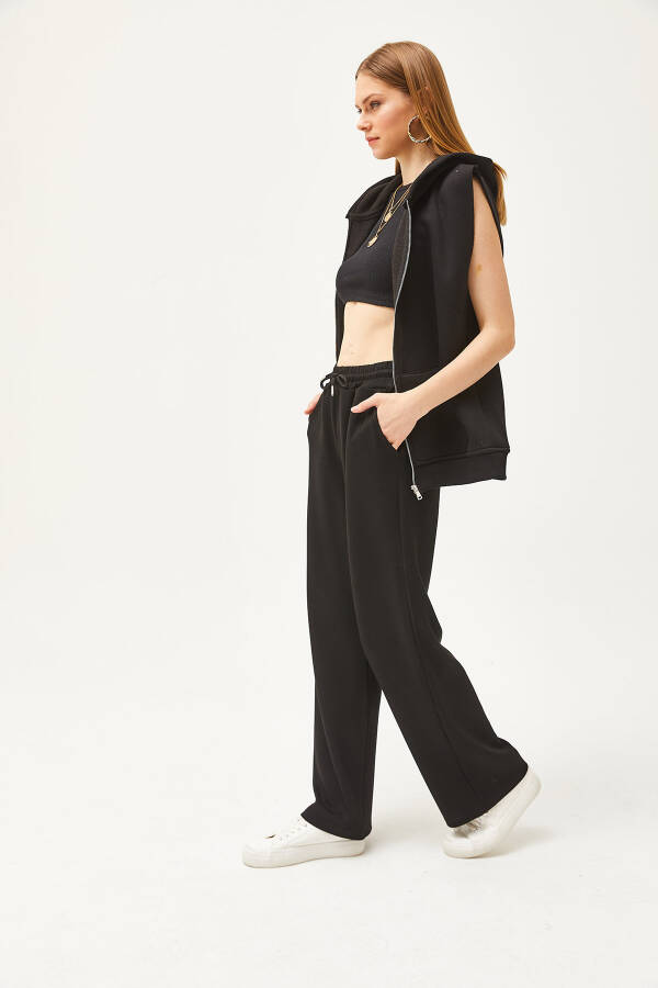 Women's Black Pocket Soft Textured Modal Palazzo Sweatpants ESH-00000068 - 3