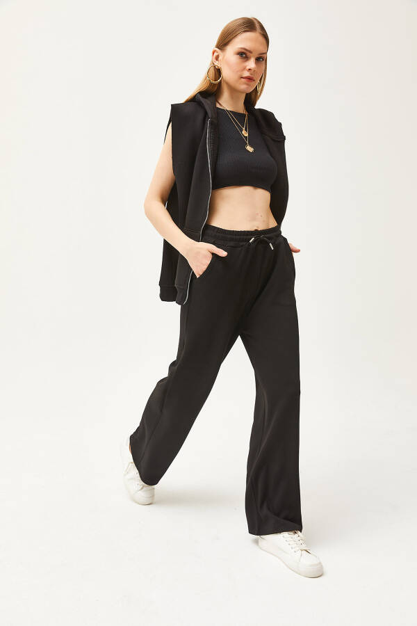 Women's Black Pocket Soft Textured Modal Palazzo Sweatpants ESH-00000068 - 6