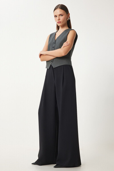 Women's Black Pocket Woven Palazzo Pants UL00052 - HAPPINESS İSTANBUL