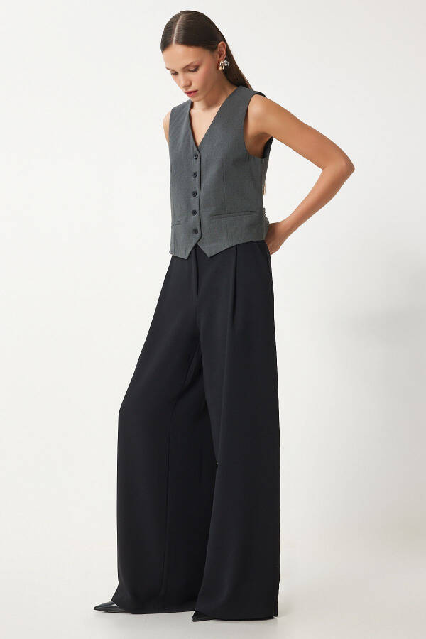 Women's Black Pocket Woven Palazzo Pants UL00052 - 2