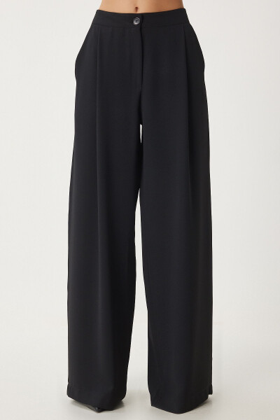 Women's Black Pocket Woven Palazzo Pants UL00052 - 4