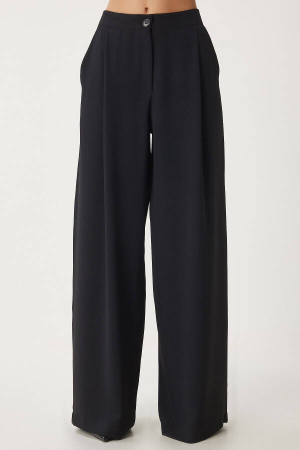 Women's Black Pocket Woven Palazzo Pants UL00052 - 4