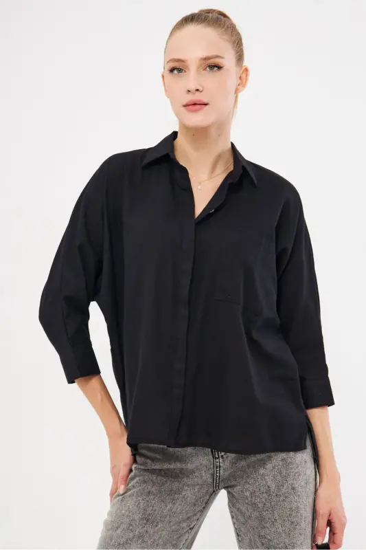 Women's Black Pocketed Oversize Linen Shirt ARM-21Y001035-Black - 1