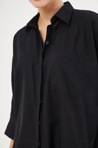 Women's Black Pocketed Oversize Linen Shirt ARM-21Y001035-Black - 2