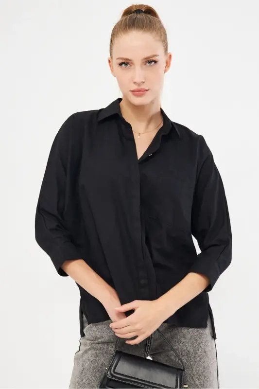 Women's Black Pocketed Oversize Linen Shirt ARM-21Y001035-Black - 4