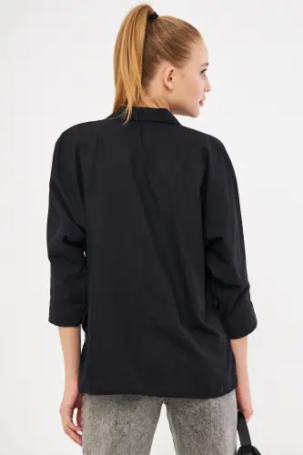 Women's Black Pocketed Oversize Linen Shirt ARM-21Y001035-Black - 5
