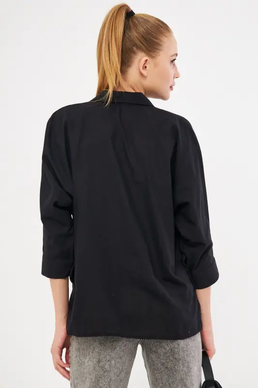 Women's Black Pocketed Oversize Linen Shirt ARM-21Y001035-Black - 5