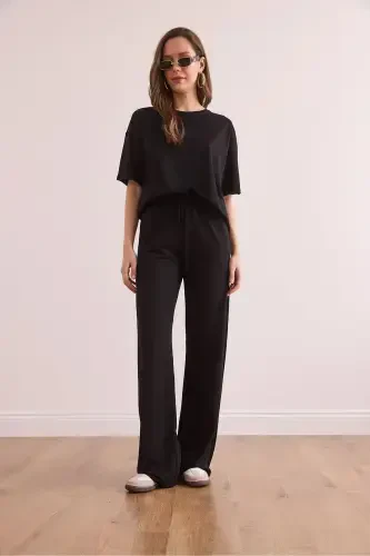 Women's Black Pocketed Pants and T-Shirt Set TK - OLALOOK (1)