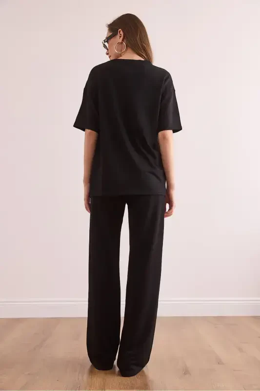 Women's Black Pocketed Pants and T-Shirt Set TK - 7