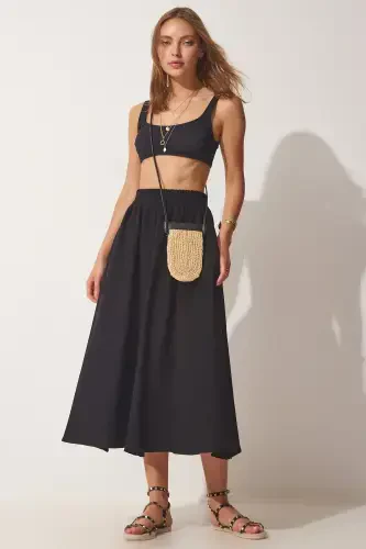 Women's Black Pocketed Woven Flared Skirt MC00195 - 1