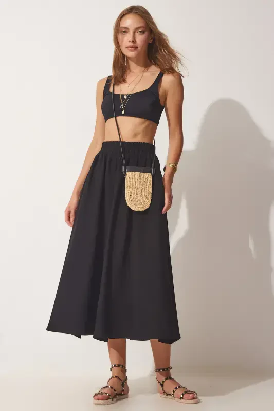 Women's Black Pocketed Woven Flared Skirt MC00195 - 1