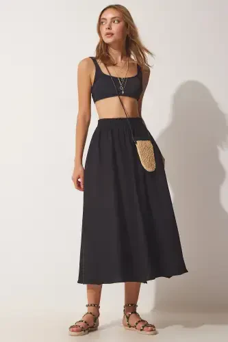 Women's Black Pocketed Woven Flared Skirt MC00195 - HAPPINESS İSTANBUL (1)