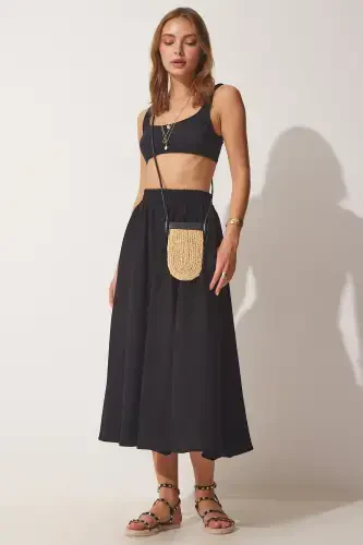 Women's Black Pocketed Woven Flared Skirt MC00195 - 3