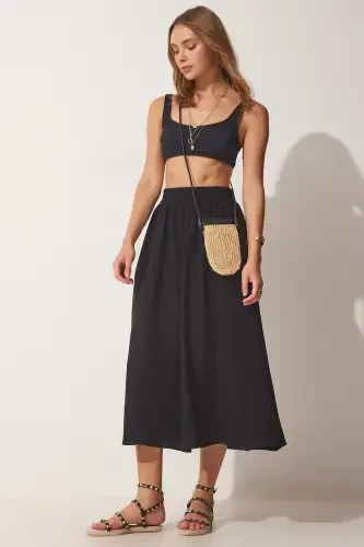 Women's Black Pocketed Woven Flared Skirt MC00195 - 4