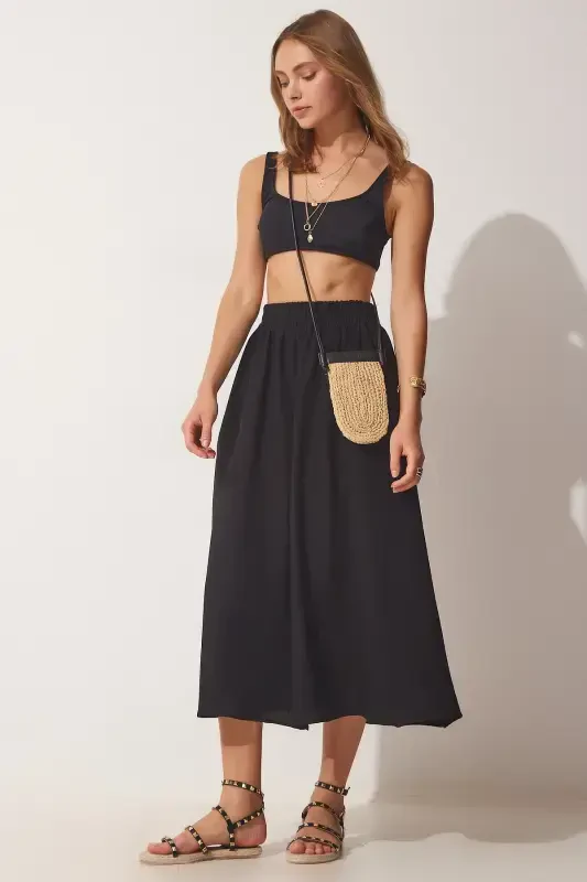 Women's Black Pocketed Woven Flared Skirt MC00195 - 4