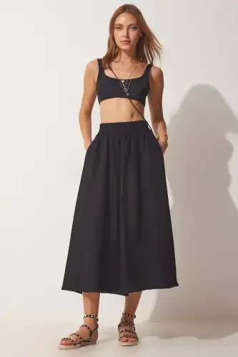 Women's Black Pocketed Woven Flared Skirt MC00195 - 5