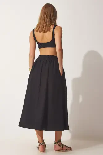 Women's Black Pocketed Woven Flared Skirt MC00195 - 6