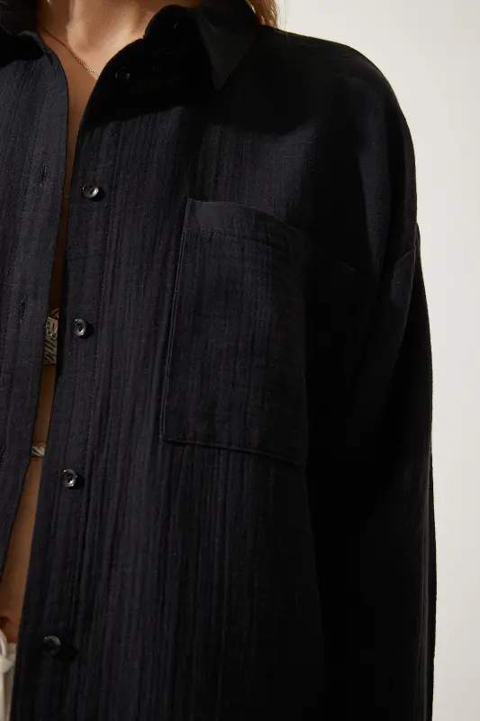Women's Black Pockets Oversize Muslin Shirt MX00150 - Black - 6