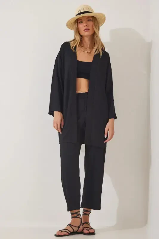 Women's Black Pockets Pipe Leg Kimono Set-BLACK BORUPACA - 3