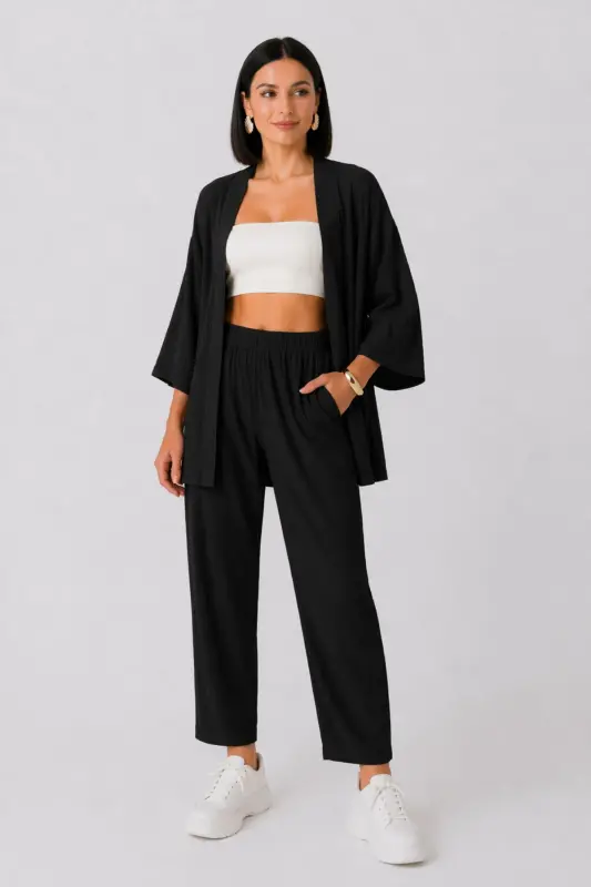 Women's Black Pockets Pipe Leg Kimono Set-BLACK BORUPACA - 1