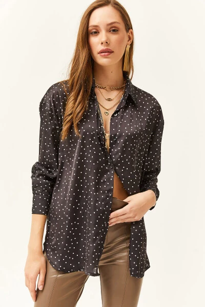 Women's Black Polka Dot Oversized Satin Shirt - OLALOOK
