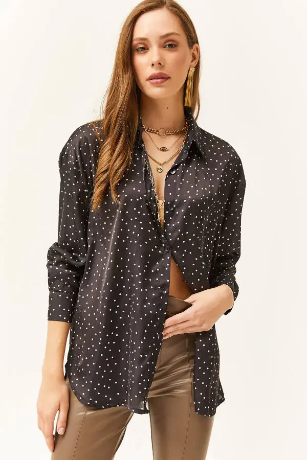 Women's Black Polka Dot Oversized Satin Shirt - 1