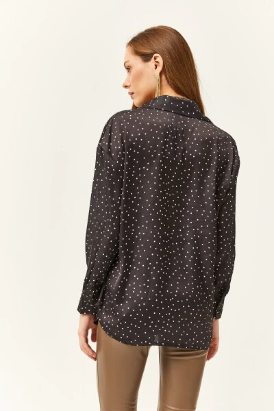 Women's Black Polka Dot Oversized Satin Shirt - OLALOOK (1)