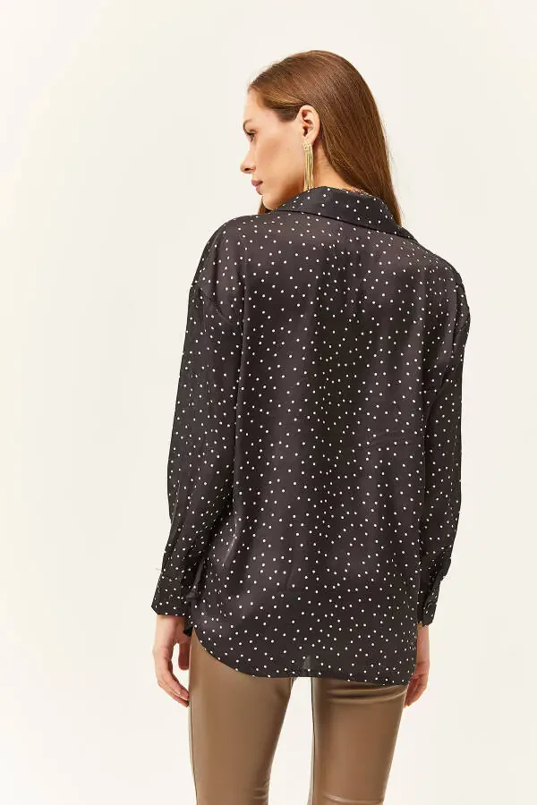 Women's Black Polka Dot Oversized Satin Shirt - 2