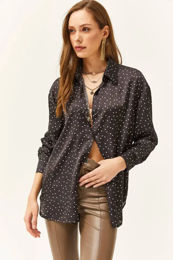 Women's Black Polka Dot Oversized Satin Shirt - 3