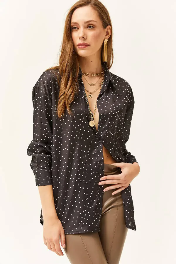 Women's Black Polka Dot Oversized Satin Shirt - 4