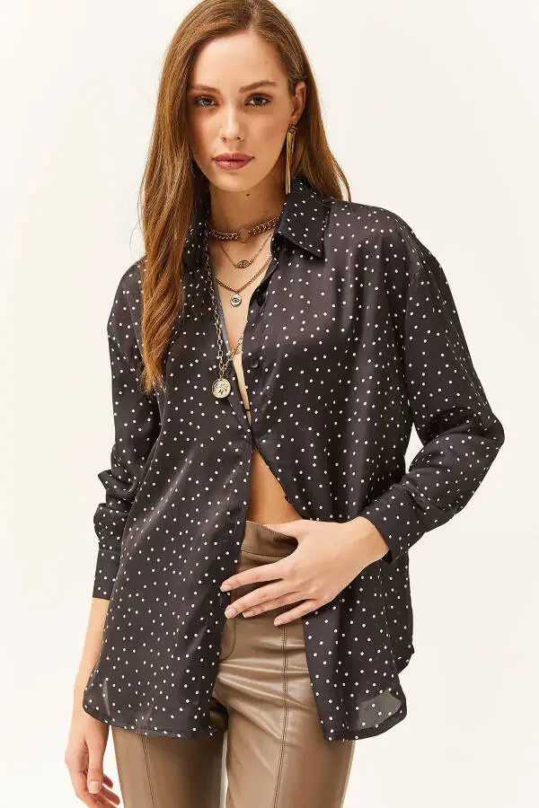 Women's Black Polka Dot Oversized Satin Shirt - 5