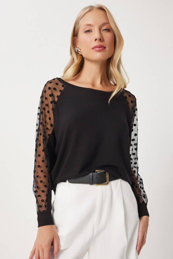 Women's Black Polka Dot Tulle Detail Viscose Blouse EN00625 - 1