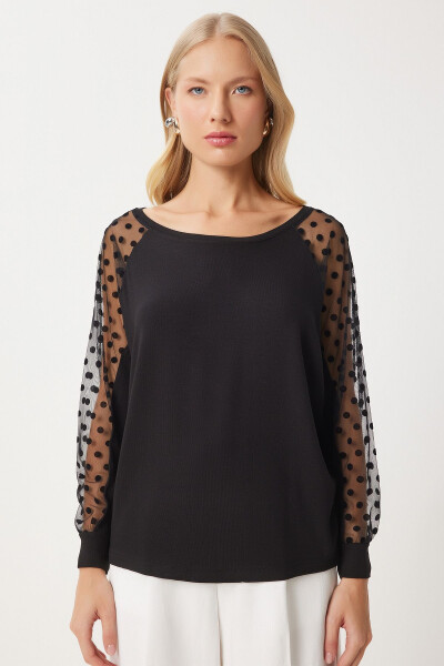Women's Black Polka Dot Tulle Detail Viscose Blouse EN00625 - 3