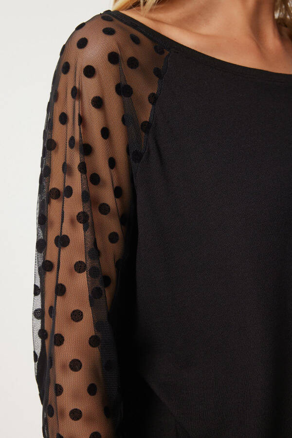 Women's Black Polka Dot Tulle Detail Viscose Blouse EN00625 - 4