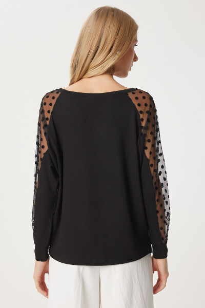 Women's Black Polka Dot Tulle Detail Viscose Blouse EN00625 - 5