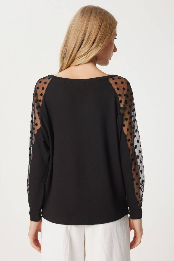 Women's Black Polka Dot Tulle Detail Viscose Blouse EN00625 - 5