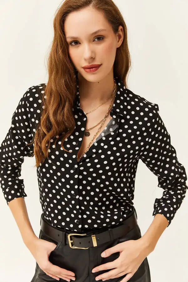 Women's Black Polka Dot Woven Viscose Blouse GML-19001162 - 1