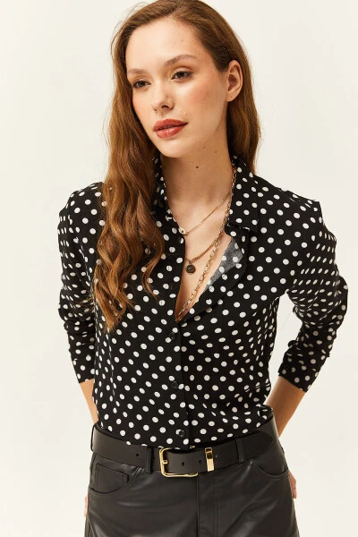 Women's Black Polka Dot Woven Viscose Blouse GML-19001162 - 3
