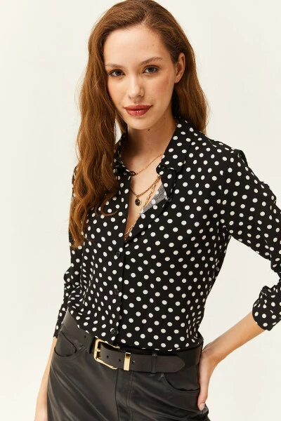 Women's Black Polka Dot Woven Viscose Blouse GML-19001162 - 4