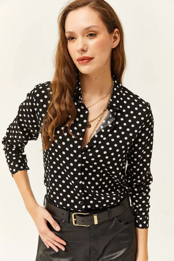 Women's Black Polka Dot Woven Viscose Blouse GML-19001162 - 5